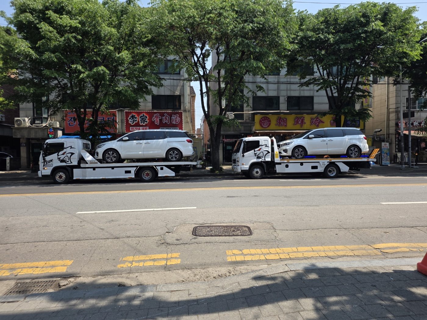 도심 도로에서 카캐리어 두 대가 흰색 승합차를 각각 한 대씩 싣고 서 있는 모습